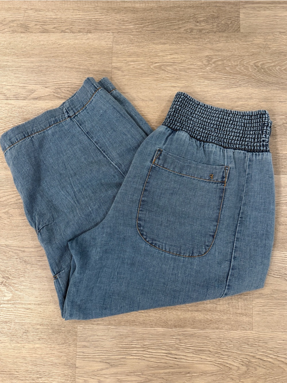 Pilcro Denim-Look Smocked-Waist barrel crop Reese pants